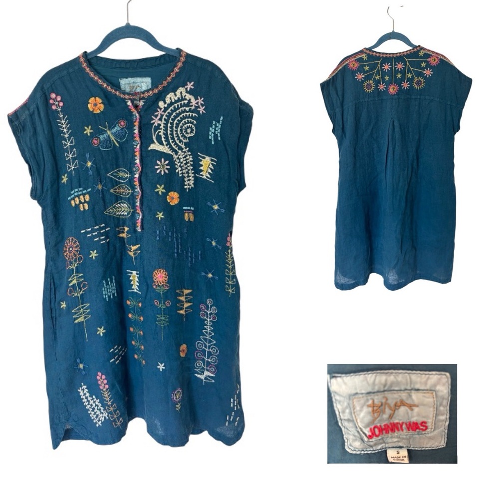 Johnny Was Teal Blue Embroidered Cotton Tunic Dress